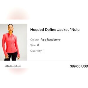 Lulu lemon hooded jacket Nulu size 6 pale rasberry